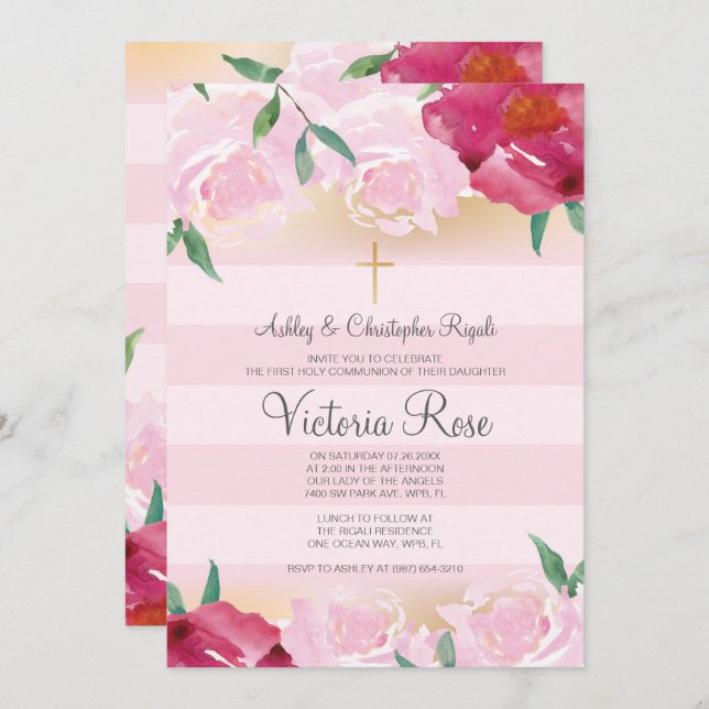 First Communion ~ Faux Gold Floral Pink Stripe Invitation (Front/Back)