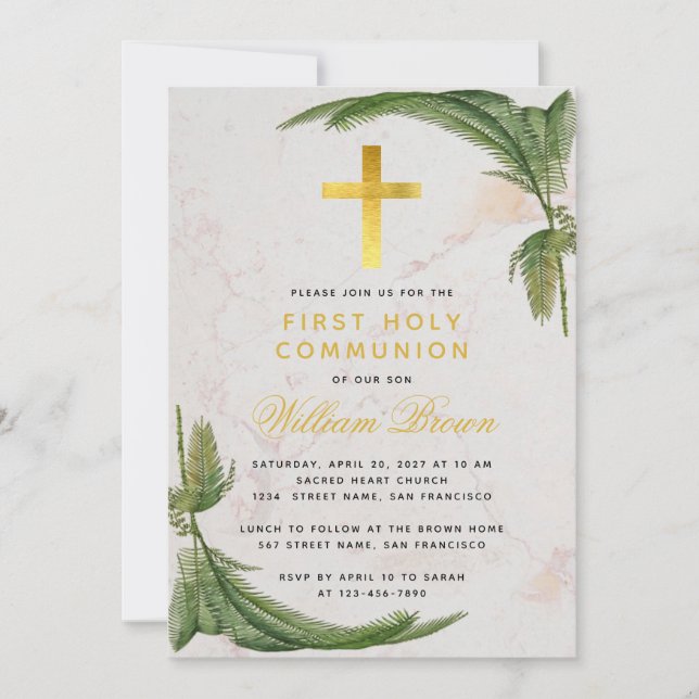 First Communion Fern Greenery Gold Cross Marble Invitation (Front)