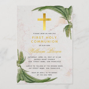 First Communion Fern Greenery Gold Cross Marble Invitation