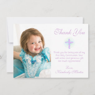 First Communion Floral Cross Lavender Aqua Photo Thank You Card