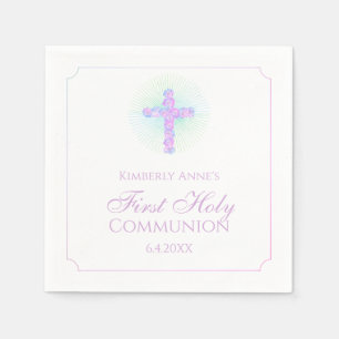 First Communion Floral Cross Lavender Monogrammed Napkin