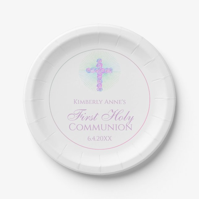 First Communion Floral Cross Lavender Monogrammed Paper Plate (Front)