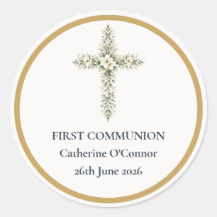 First Communion Floral Cross Round Sticker