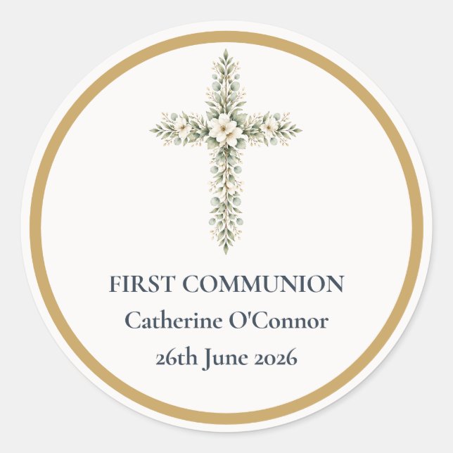First Communion Floral Cross Round Sticker (Front)