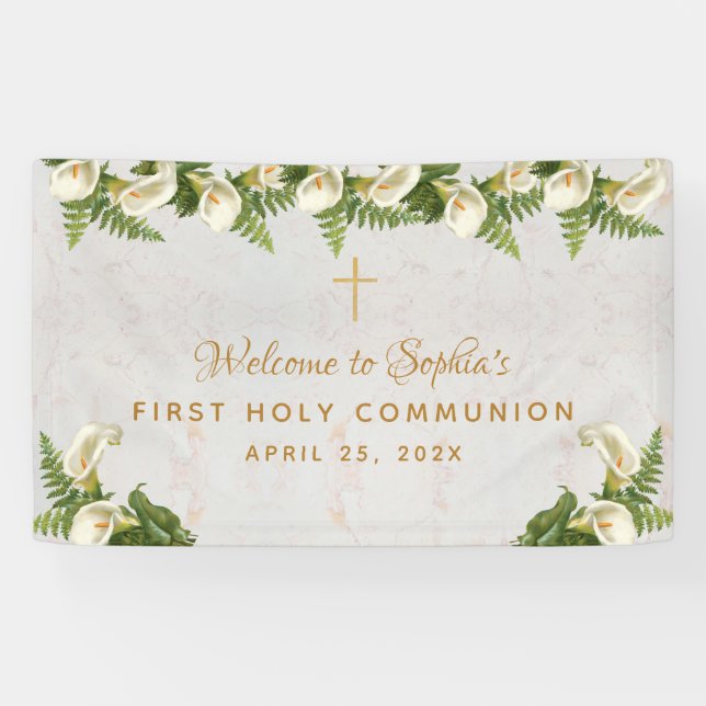 First Communion Floral Marble Calla Lilies Welcome Banner (Horizontal)
