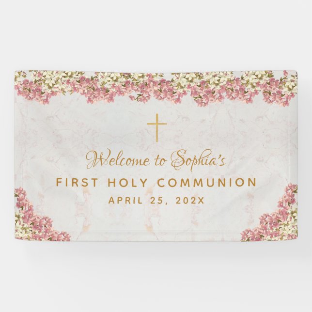 First Communion Floral Pink Orchids Script Welcome Banner (Horizontal)