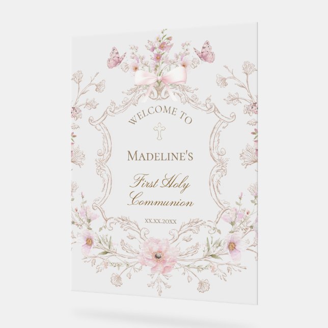 First Communion floral welcome Acrylic Sign (Angle)