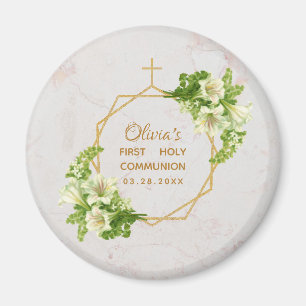 First Communion Floral White Lilies Marble Gold  Magnet