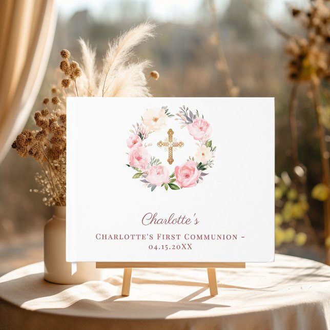 First Communion floral wreath pink girl Guest Book (Creator Uploaded)