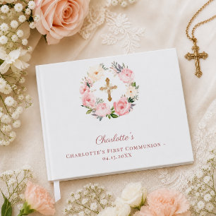 First Communion floral wreath pink girl Guest Book