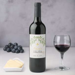 First Communion Foliage Faux Gold Cross Marble Wine Label