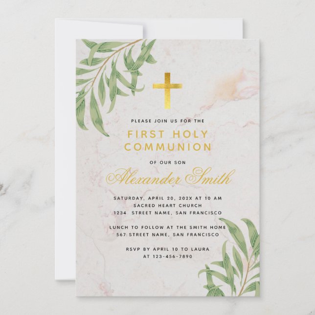 First Communion Foliage Gold Marble Willow Leaves  Invitation (Front)