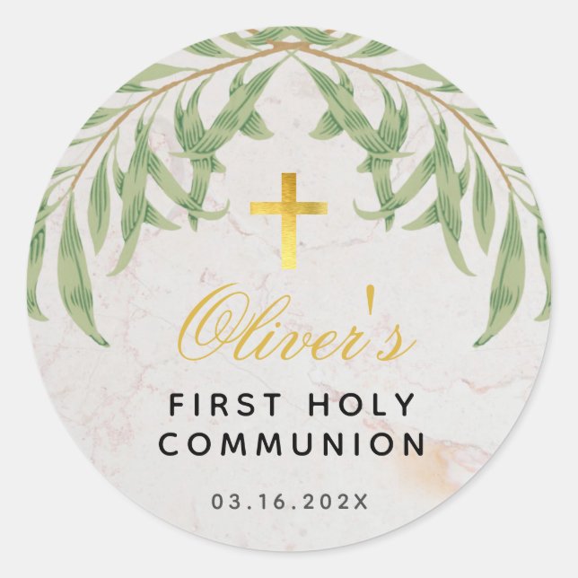 First Communion Foliage Marble Faux Gold Cross Classic Round Sticker (Front)