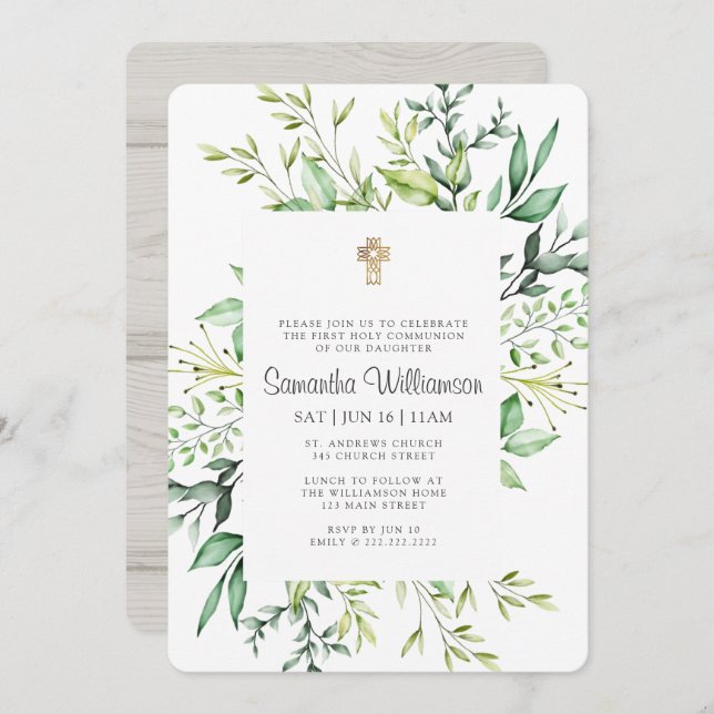 First Communion For Her Rustic Foliage Gold Cross Invitation (Front/Back)