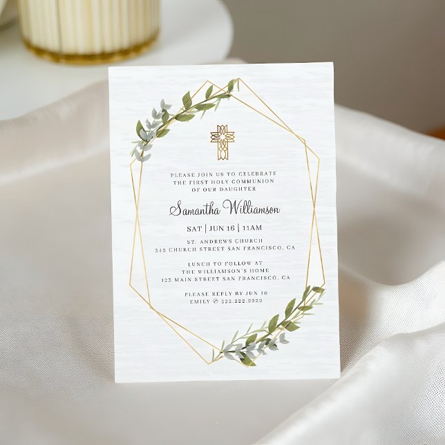 First Communion For Her Rustic Geometric Floral Invitation (Creator Uploaded)