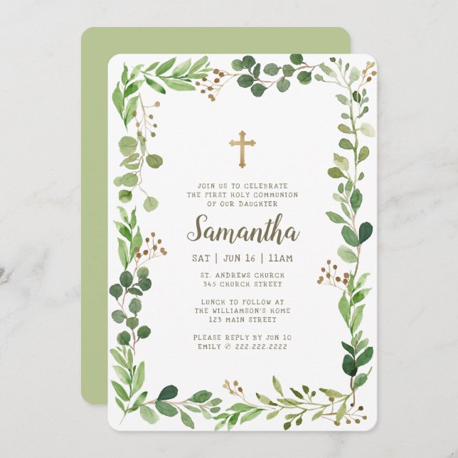 First Communion For Her Watercolor Foliage Cross Invitation (Front/Back)
