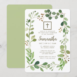 First Communion For Her Watercolor Foliage Cross Invitation