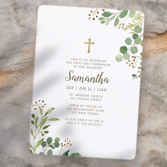First Communion For Her Watercolor Foliage Cross Invitation (Creator Uploaded)