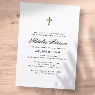 First Communion For Him Minimalist Gold Cross Invitation