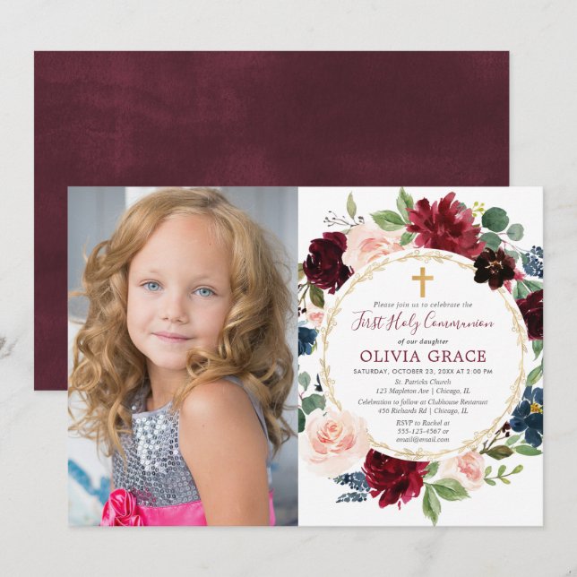 First communion girl burgundy blush blue photo invitation (Front/Back)