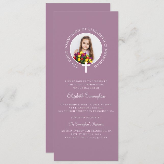 First Communion Girl Custom Photo and Simple Cross Invitation (Front/Back)