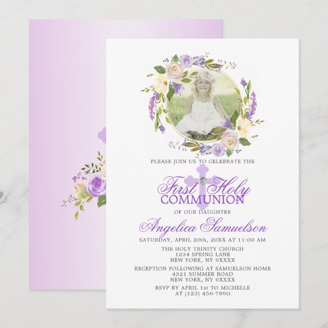 First Communion Girl Floral Purple Lavender PHOTO Invitation (Front/Back)