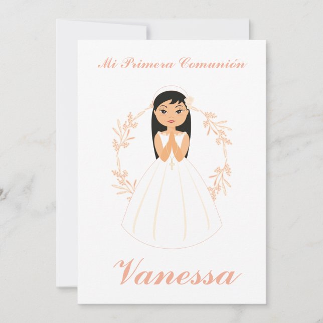 First Communion Girl Invitation with Floral Border (Front)