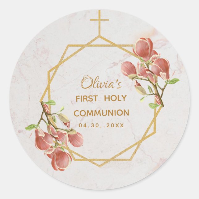 First Communion Girl Marble Gold Pink Magnolia Classic Round Sticker (Front)