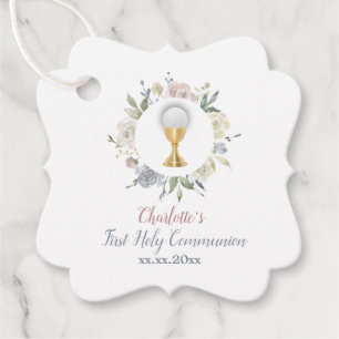 First Communion girl pale flowers circle Favour Tags