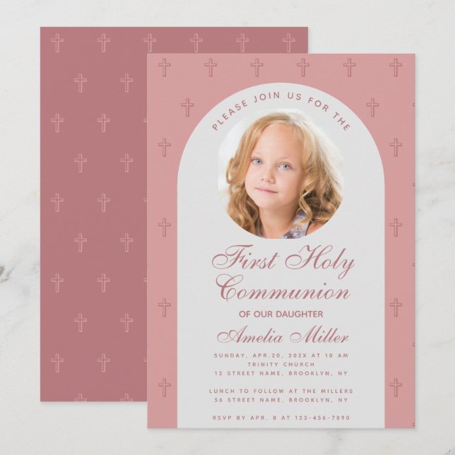First Communion Girl Photo Dusty Rose Arch Modern Invitation (Front/Back)