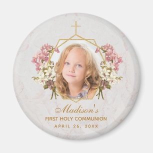 First Communion Girl Photo Floral Gold Pink Orchid Magnet