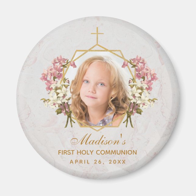 First Communion Girl Photo Floral Gold Pink Orchid Magnet (Front)