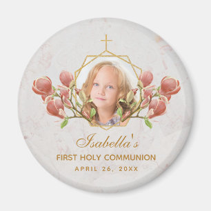 First Communion Girl Photo Floral Pink Magnolia Magnet
