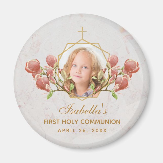 First Communion Girl Photo Floral Pink Magnolia  Magnet (Front)