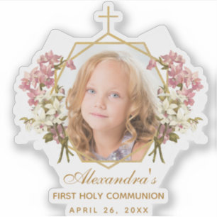 First Communion Girl Photo Gold Floral Pink Orchid
