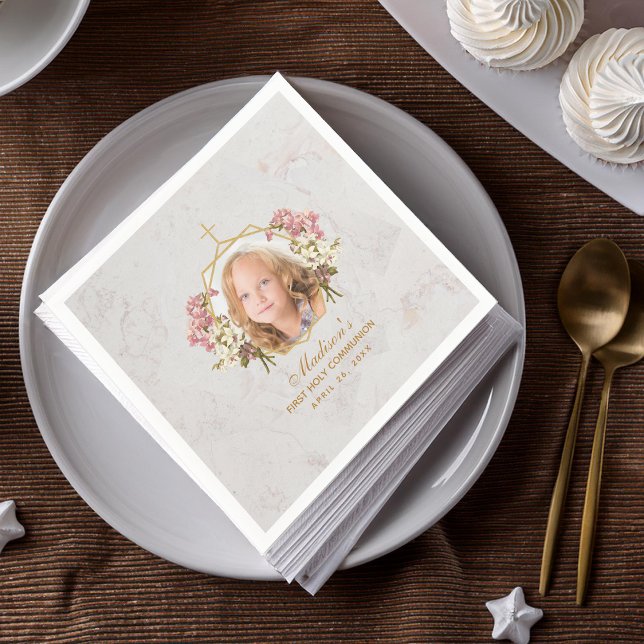 First Communion Girl Photo Marble Gold Pink Orchid Napkin (Creator Uploaded)