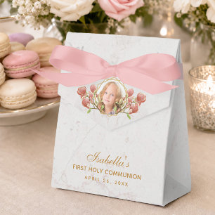 First Communion Girl Photo Pink Magnolia Marble Favour Box