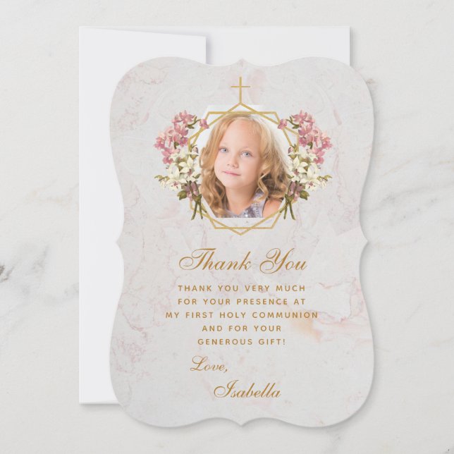 First Communion Girl Photo Pink Orchids Gold Cross Thank You Card (Front)
