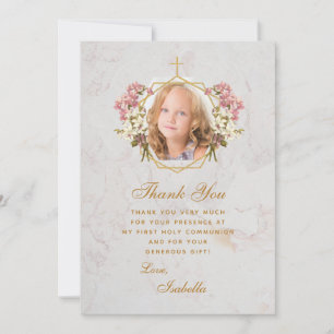 First Communion Girl Photo Pink Orchids Gold Cross Thank You Card