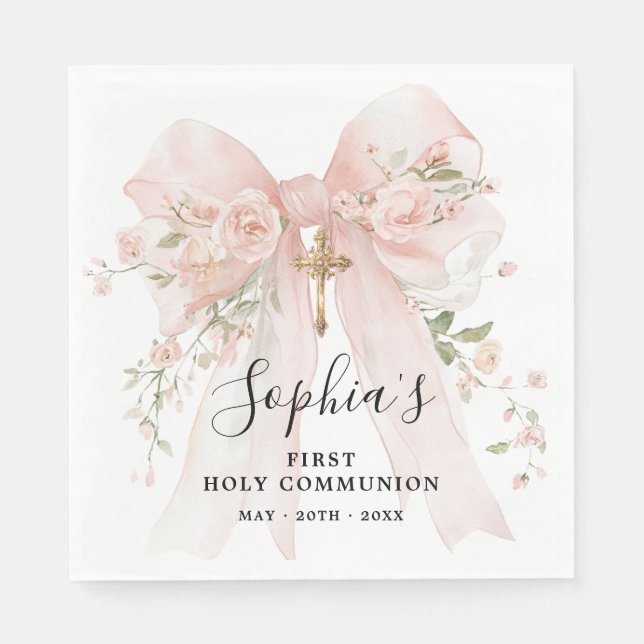 First Communion Girl Pink Bow Roses Custom Napkin (Front)