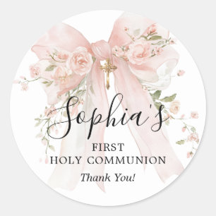First Communion Girl Pink Bow Roses Thank You Classic Round Sticker