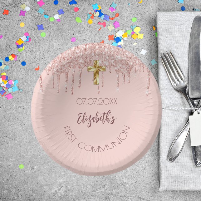 First Communion girl rose gold glitter drips name Paper Plate (Creator Uploaded)