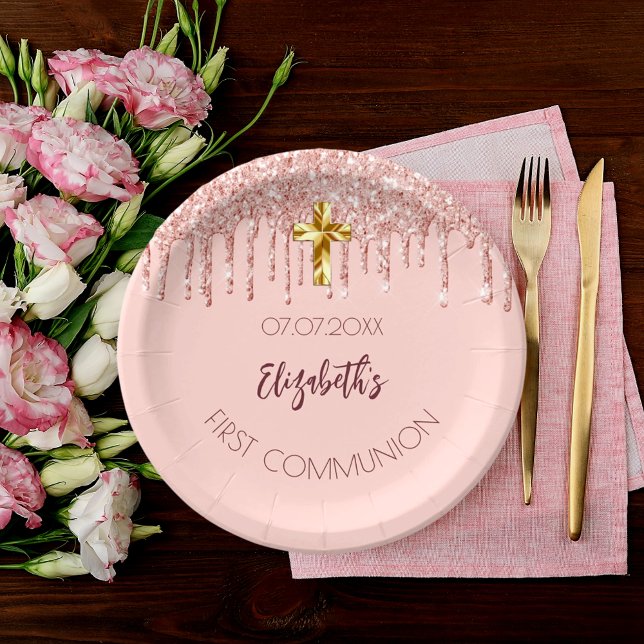 First Communion girl rose gold glitter drips name Paper Plate (Creator Uploaded)