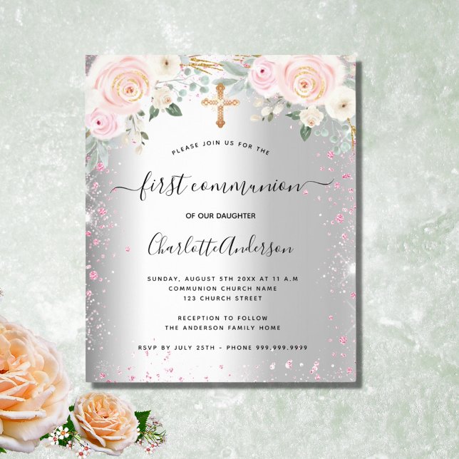 First communion girl silver pink floral invitation flyer (Creator Uploaded)