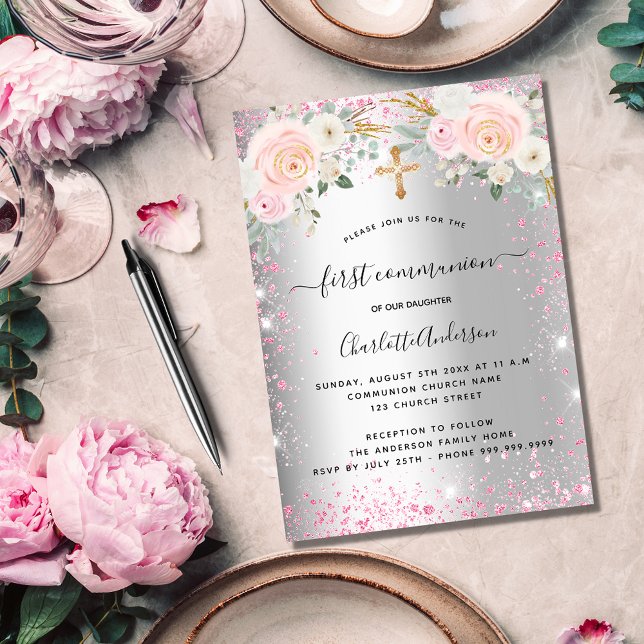 First communion girl silver pink florals sparkles invitation (Creator Uploaded)