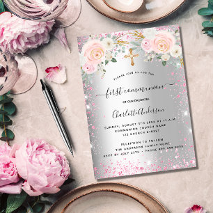 First communion girl silver pink florals sparkles invitation postcard