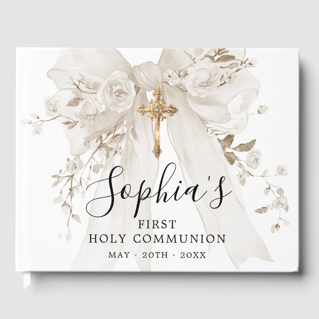 First Communion Girl White Bow Roses Custom Guest Book (Front)