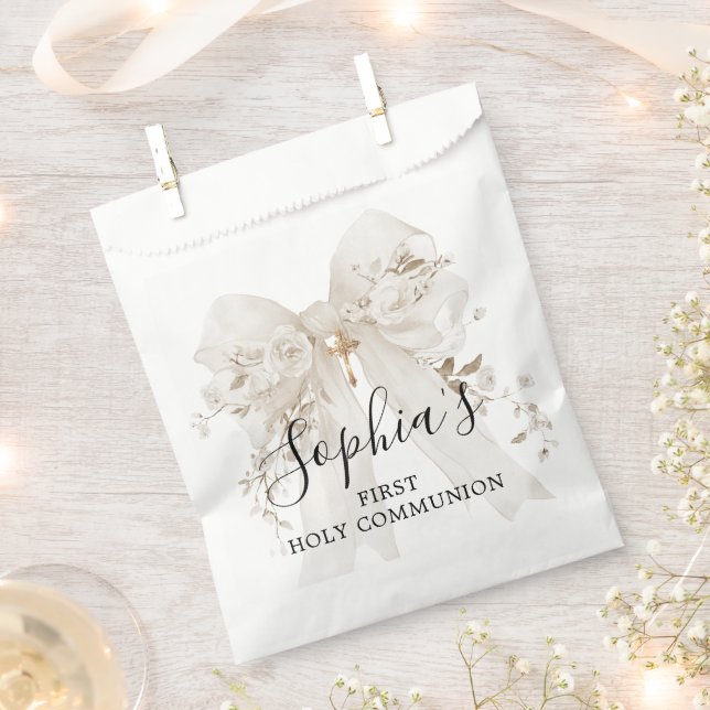 First Communion Girl White Bow Roses Thank You Favour Bag (Clipped)