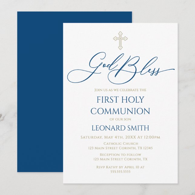 First Communion God Bless Blue Invitation (Front/Back)