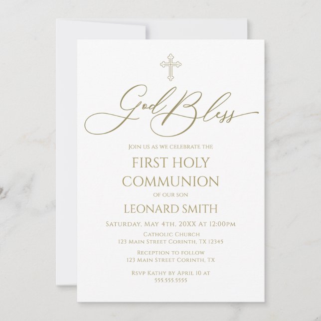 First Communion God Bless gold Invitation (Front)